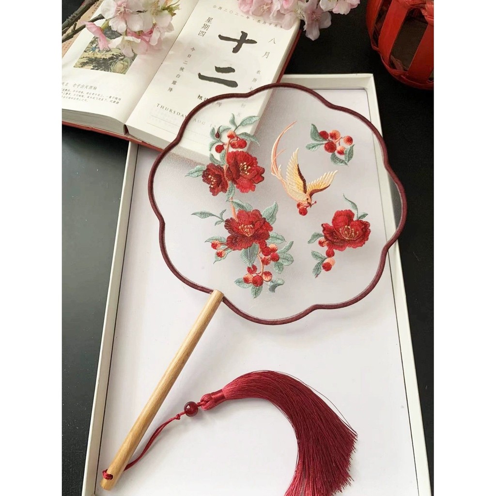 Kipas Bulat Pernikahan/Kipas Bulat Bordir Gaya Cina/Kipas Tarian Bulat Gaya Kuno