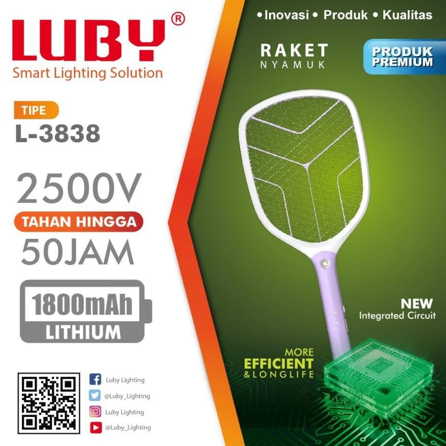 Raket Nyamuk Cas Luby 3838 Batre 1800 mAh Bisa Diganti + Kabel Chager