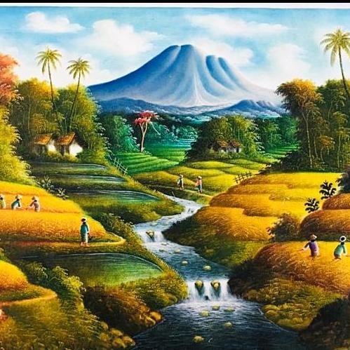 TERBARU - Lukisan Pemandangan Sawah dan Panen Padi Ukuran Besar (2x1 meter)
