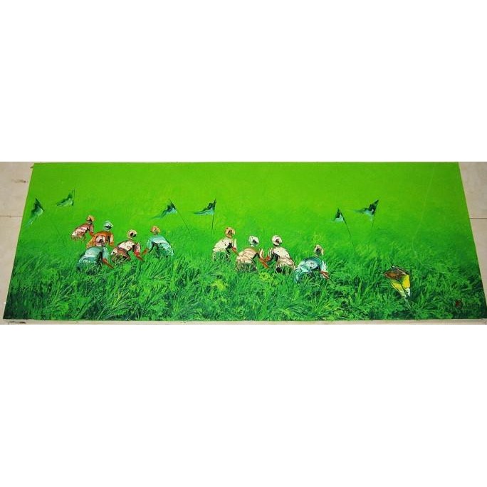 Lukisan Panen Padi Nuansa Hijau (45x120 cm) - Asli Bali Handmade