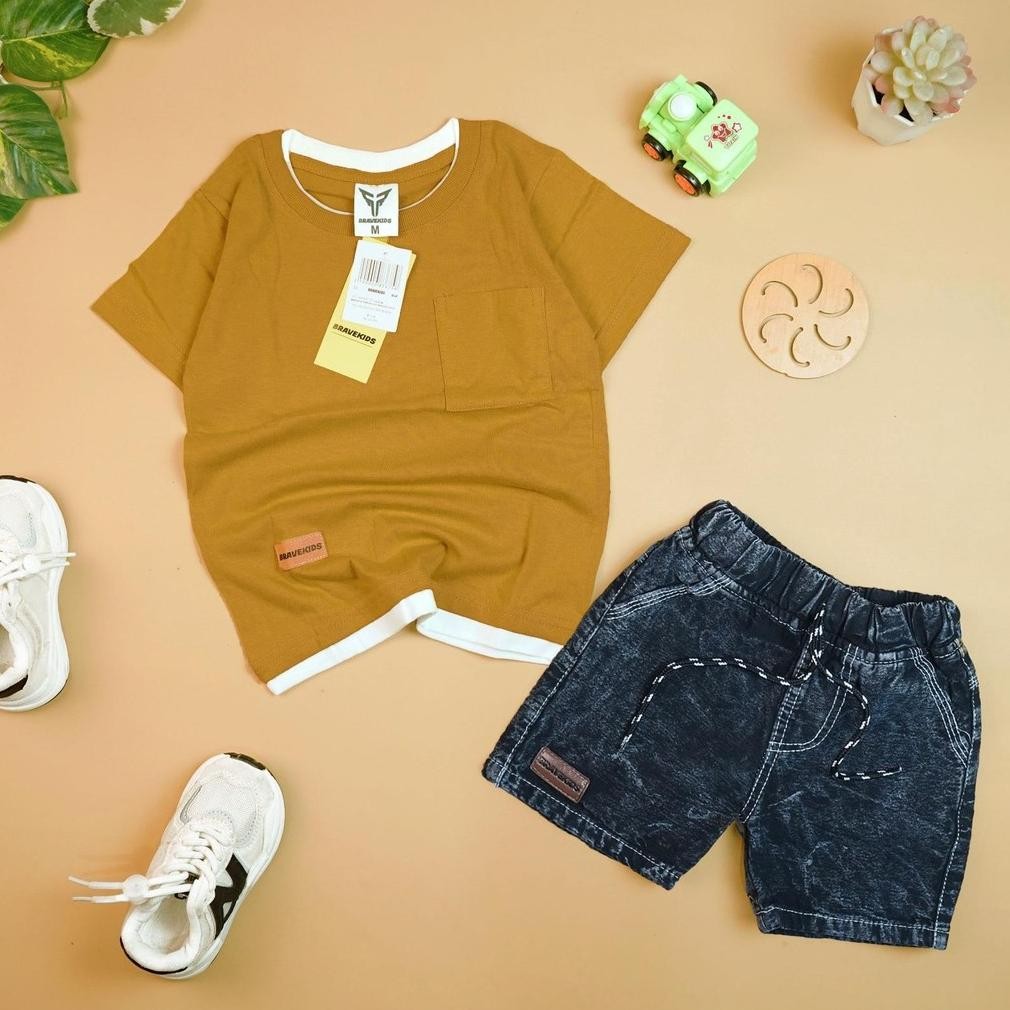 Ow42 gd-12 BRAVEKIDS - SETELAN TWO LAYER ALMOND TWO LAYER POLOS ANAK COTTON COMBED 24S CELANA DENIM 