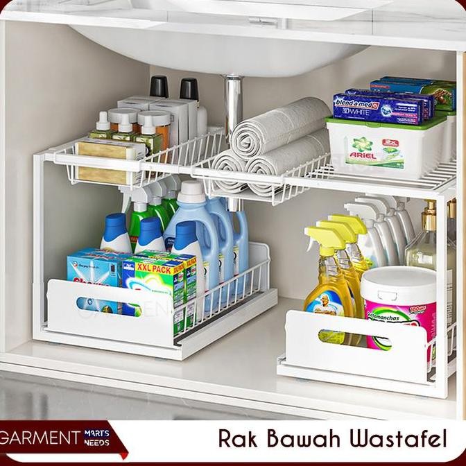 Rak Bawah Wastafel Dapur Kamar Mandi 2 Tingkat Sliding Laci Penyimpan Sabun Bumbu Multifungsi