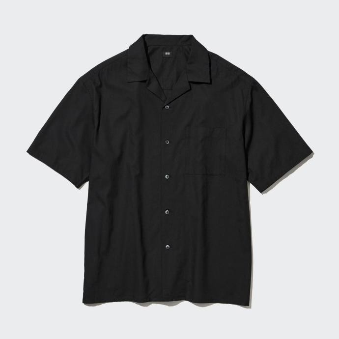 UNIQLO KEMEJA PRIA KATUN MODAL KERAH TERBUKA 436524 BLACK HITAM