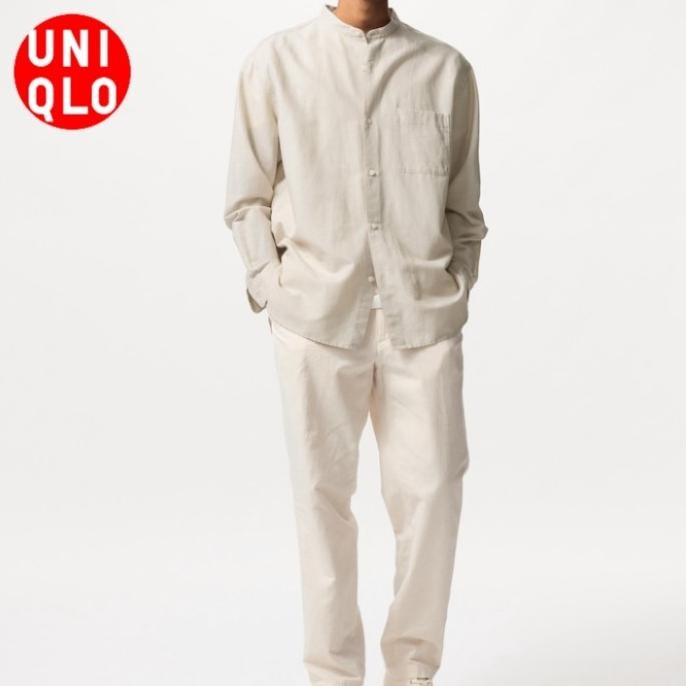 UNIQLO Baju Koko Kemeja Katun Linen Kerah Tegak Lengan Panjang Polos Garis Pria Original