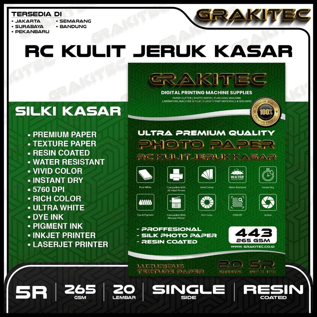 GRAKITEC KERTAS FOTO SILKI 5R ISI 20 LEMBAR | DOFF TEXTURE KULIT JERUK PROFESSIONAL SILKI, RC GLOSSY