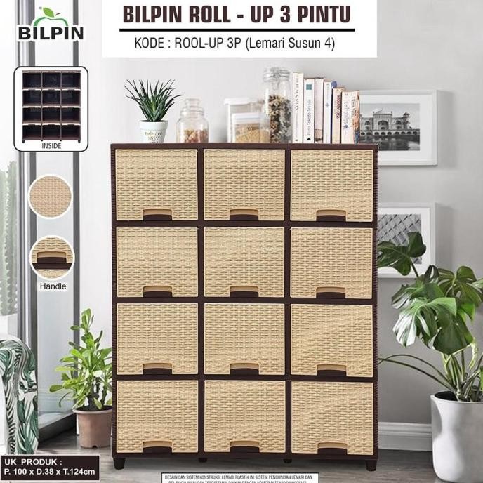 AKAKO LEMARI PLASTIK LACI LOKER LEMARI PAKAIAN SEBAGUNA MINIMALIS COKLAT PUTIH ROLL UP 3 PINTU 12 PI