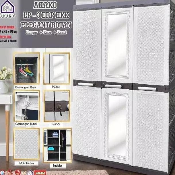 Lemari Plastik Jumbo Akako LP3EP Gantung Kaca Cermin Elegant FULL KUNCI LP3P Elite 3 Pintu