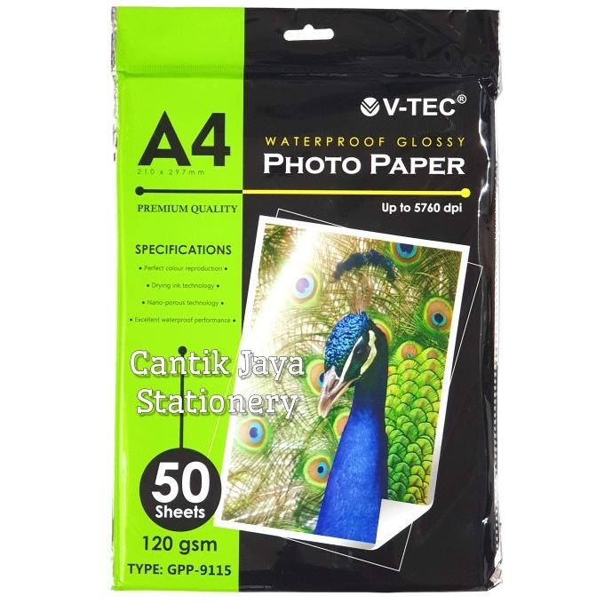 

Kertas Foto V-Tec Photo Paper Glossy A4 210X297Mm 120Gsm 50'S Per Pak Terbaru
