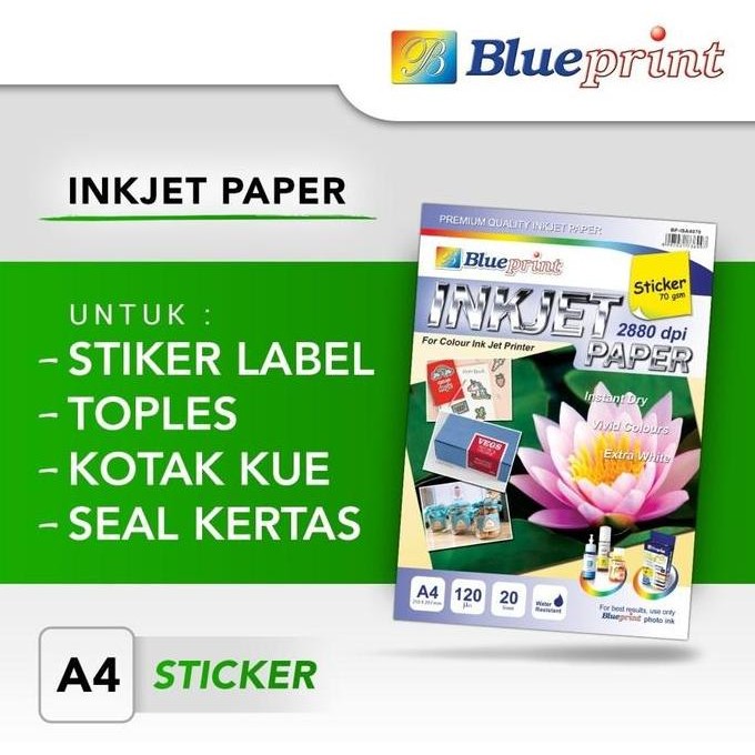 

Kertas Inkjet Stiker / Sticker Inkjet Paper Blueprint A4 70 Gsm Isi 20 Lembar Promo