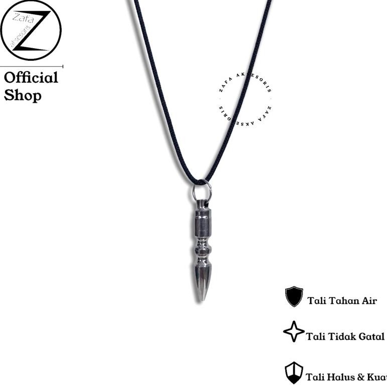 Zafa Kalung pria cowok keren stainless steel anti karat tali hitam liontin peluru - Slir Gun