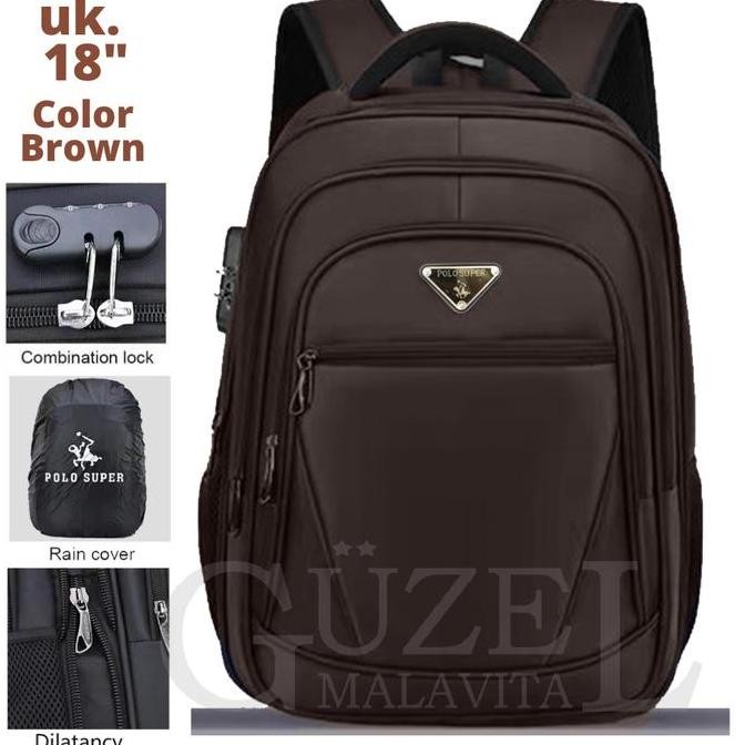 Tas Ransel Laptop Polo Super 18 Inchi Expandable Material Micro Viber Tebal Gratis Kunci Kombinasi +