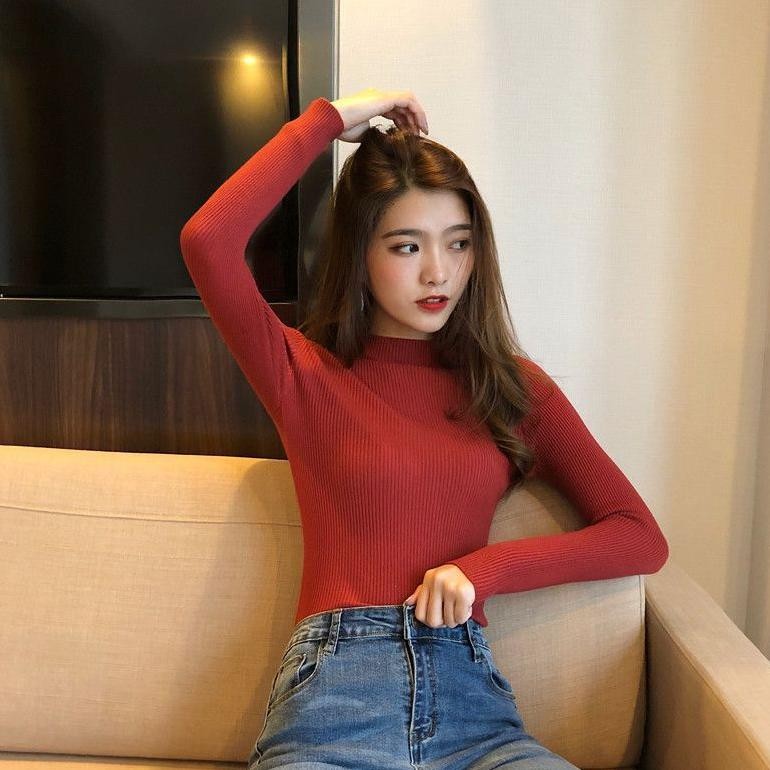 Baju Wanita Rajut Lengan Panjang Inner Rajut Turtleneck Atasan Wanita Manset