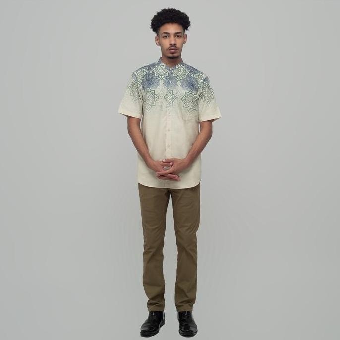 Promo Benhill Baju Muslim Kemeja Koko Pria Katun Motif Printing Batik Lengan Pendek Cream 28174-1691