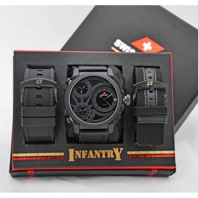 Jam Tangan Pria Swiss Army Infanty Paket Free 2 Tali Kanvas Kulit Wates