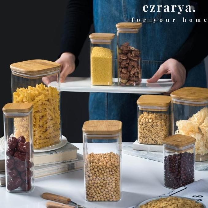 EZRARYA Toples Kaca Kotak Tutup Bambu L
