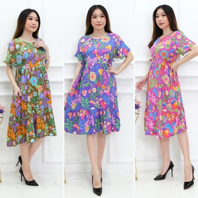daster baju tidur wanita batik busui lengan pendek bunga-1 hijau kancing panjang pink tangan