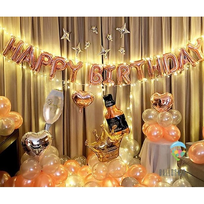 Led Set Foil Balloon Happy Birthday Rose Gold | Balon Dekorasi Ultah