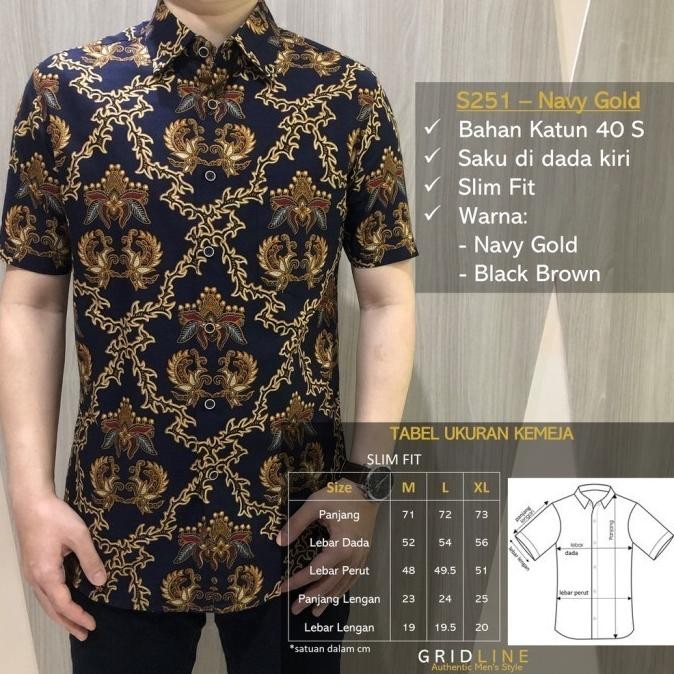 [GRIDLINE - S251 NAVY GOLD & BLACK BROWN] KEMEJA BATIK PRIA SLIMFIT TERMURAH