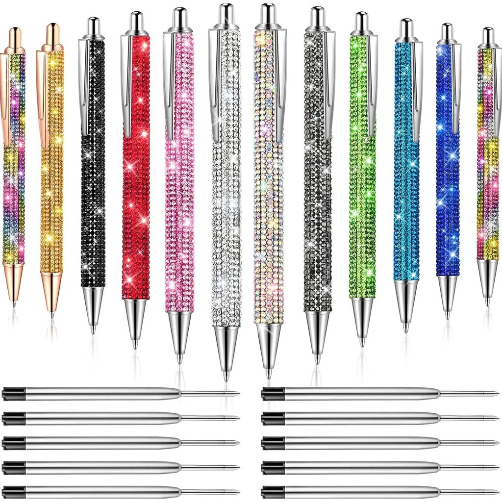 

12Pcs Rhinestone Pens Bling Metal Ballpoint Diamond Bulk Fancy Sparkly Crystal Press Retractable Black Ink 0.7Mm For Women