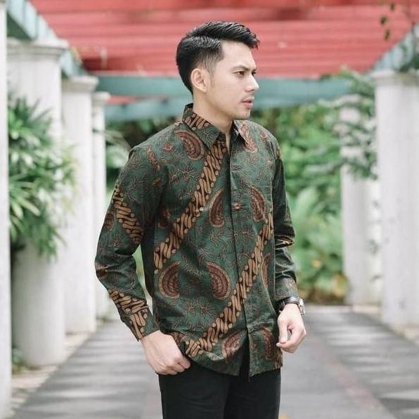 BATIK BAGUS BAJU KEMEJA BATIK PRIA LENGAN PANJANG FURING KATUN BATURADEN MEWAH GB1 - HIJAU, KAIN 2 M