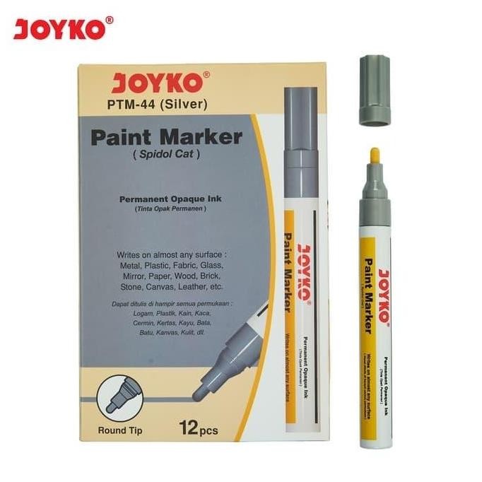 

Ready Paint Marker Spidol Cat Permanen Joyko PTM-44 Silver 1 Box 12 Pcs