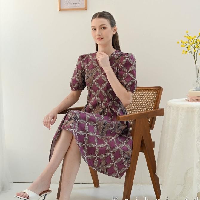 Promo Dress batik wanita v neck lengan balon / dress batik ungu cantik / gaun purple suzy