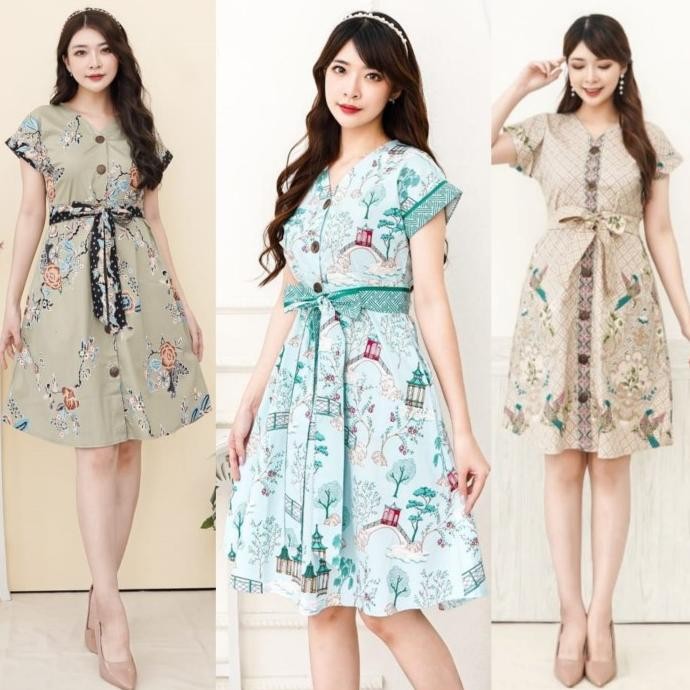 Promo Mini Dress Batik wanita kancing bunga kombinasi size standart & jumbo