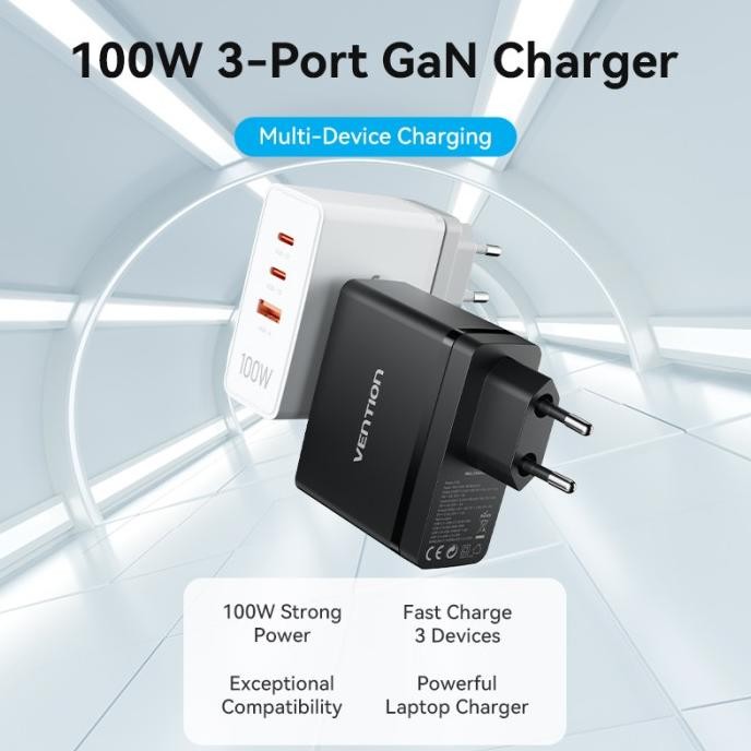 Gan Charger 100Watt Adaptor Usb-C Pd Qc 4+ Apple Laptop Vention New Stok