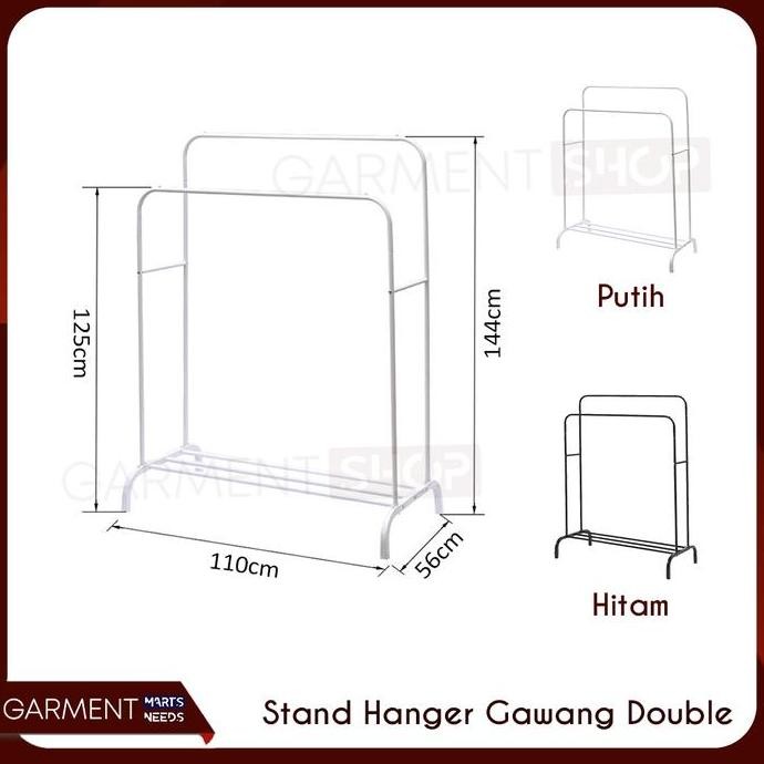 STAND HANGER GAWANG BESI DOUBLE KUAT PUTIH HITAM BUTIK BAZAR DISPLAY GAWANGAN