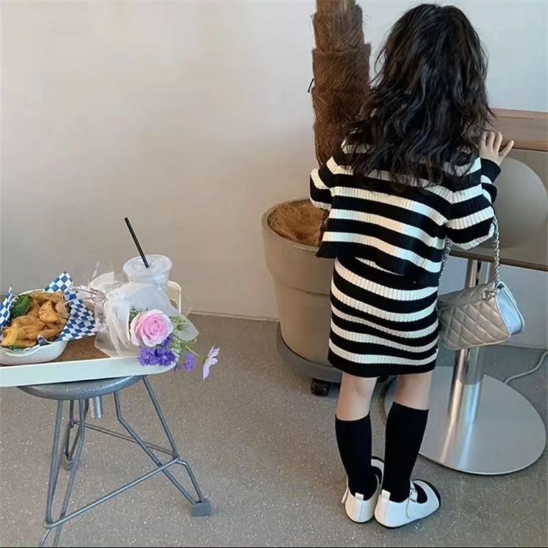 Girls' Little Chanel Style Knitted Cardigan Set Striped Dress Two-Piece Set