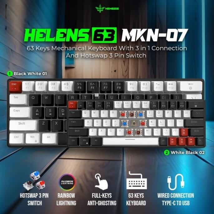 Keyboard Mechanical 63 Keys Removable Helens63 Helens 63 Mkn-07 Mkn 07 Mkn07 Nyk Nemesis New Stok
