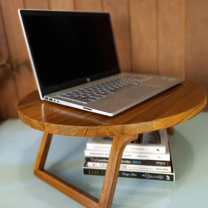 Meja Lipat Laptop Meja Bulat Serbaguna Lesehan Kayu Jati Diameter 48Cm - Jtmjlp New Stok