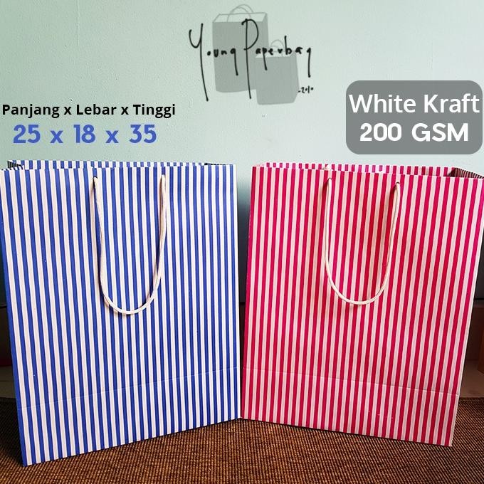 

Ew-98 Paper Bag / Tas Kertas /Shopping Bag White Kraft Motif Salur/Stripe 28X15X35 (1 Lusin)