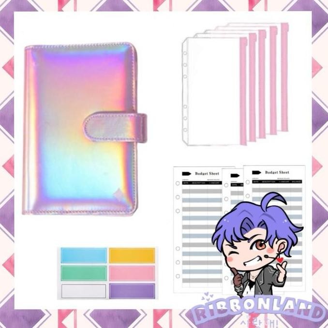 

new !!! A6 Set Binder Nabung Budgeting Kulit PU Glossy Hologram Kertas Paper murah