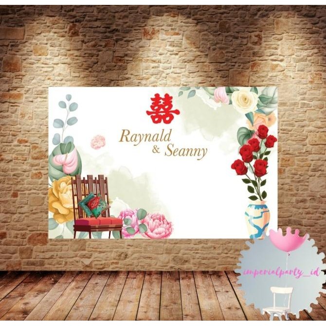 ready  Custom Backdrop Banner Spanduk Sangjit Lamaran Tunangan Shuangxi Happy murah