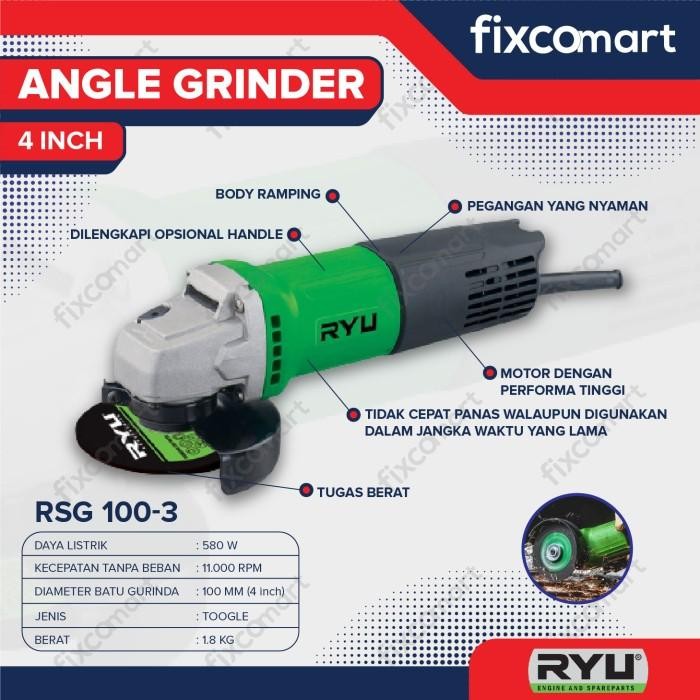 Mesin Gerinda Tangan Ryu / Angle Grinder Ryu Rsg 100-3 Original Dan Terpercaya