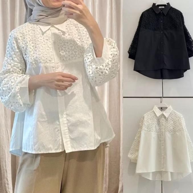 OVERSIZE KEMEJA WANITA PUTIH KATUN POPLIN MIX BROKAT BUSUI IMPORT BKK LD 102-110