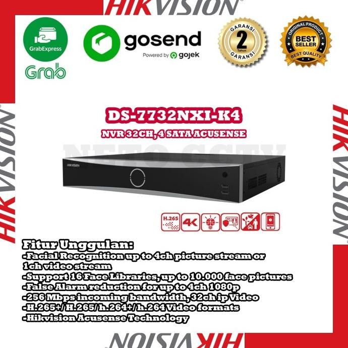 TERSEDIA NVR Hikvision DS-7732NXI-K4 32CH 4K Acusense Face Capture 4 Slot HDD - Camera, Wifi, Cctv