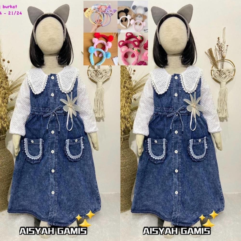( FREE BANDO KARAKTER ) GAMIS KODOK LEBARAN ANAK PEREMPUAN FULL JEANS KERAH LENGAN BRUKAT BORDIR KUP