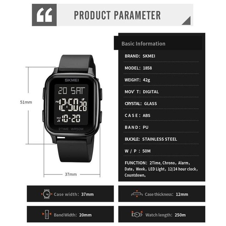 Jam Tangan Pria Skmei Digital 1858 Men Rubber Jam Tangan Led Skmei Kaca Watches