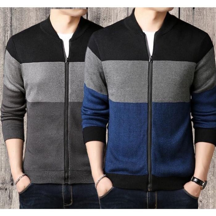 sweater resleting bisbol rajut pria Crew Neck baju katun panjang knitwear tebal kerah navy hitam