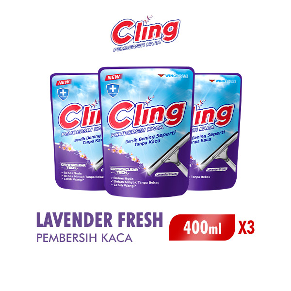 Cling Pembersih Kaca Ungu Lavender Pouch 400 ml x3