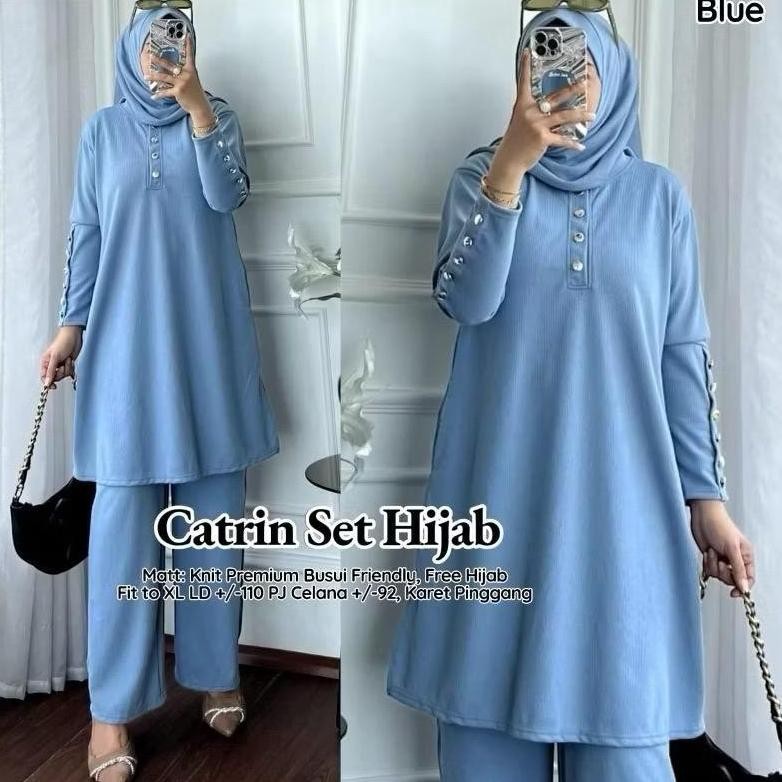 3In1 Setelan + Hijab  Setelan Hijab Catrin Knit Fit To Xl // Setelan Polos Tunik // One Set Tunik Wa