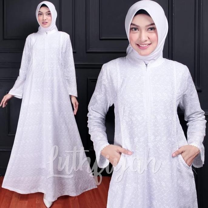 GAMIS MODEL TERLARIS / GAMIS PUTIH UMROH / GAMIS MODEL KANTONG SAMPING Katun Polos Bunga Putih Polie
