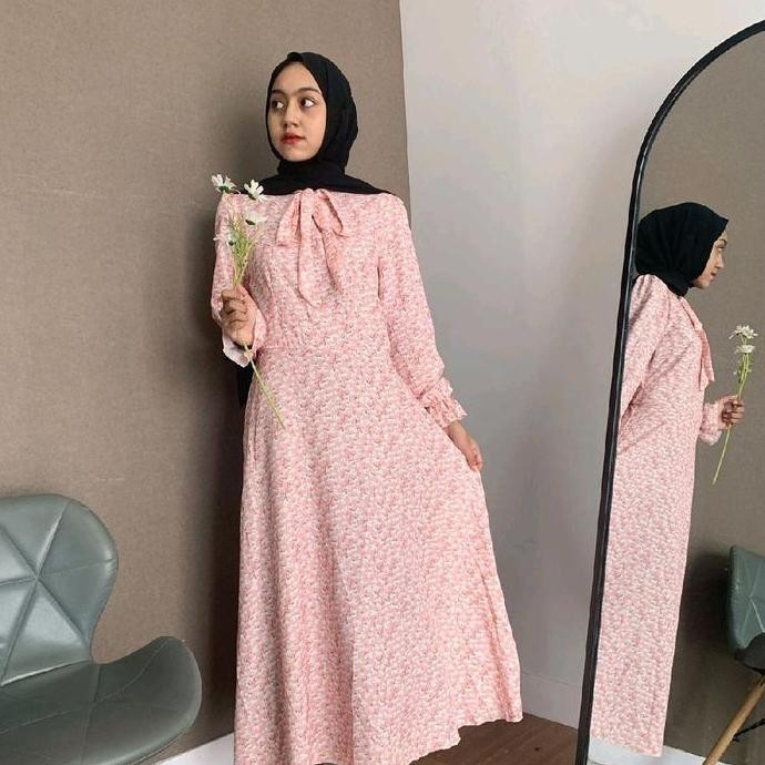 NJ - Nusaybah Gaun Sifon Motif Bunga Dress Wanita Gamis Panjang  Casual Baju Midi Pantai Remaja Prem