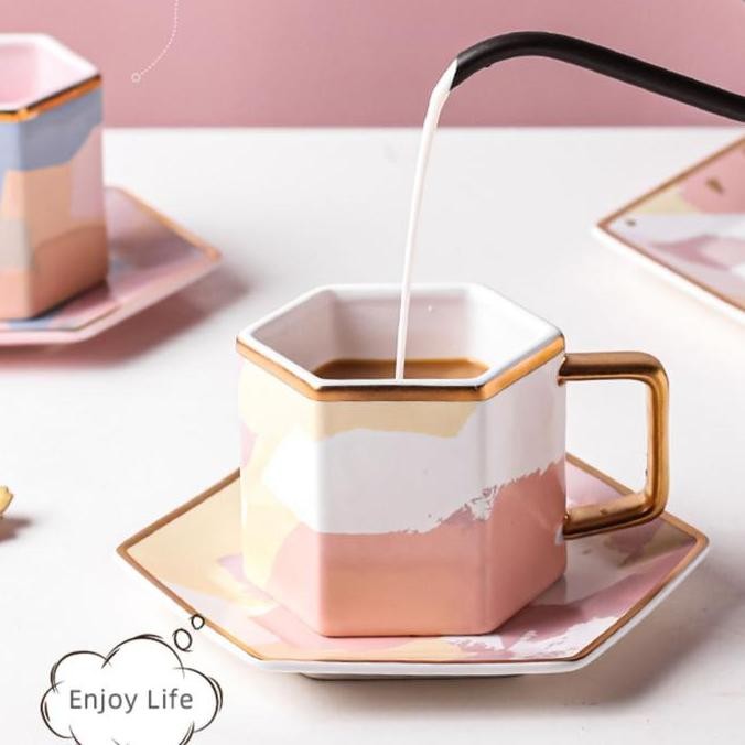 TERMURAH - Cangkir / Gelas Keramik Hexagon Cup / Mug Set