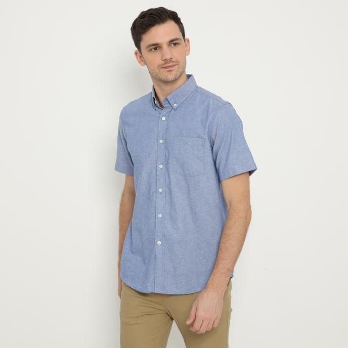 Platini Kemeja Pria Polos Oxford Pendek Dusty Blue 1069