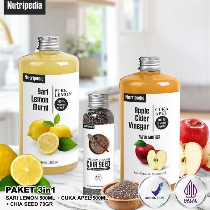 

NUTRIPEDIA PAKET 3IN1 CUKA APEL 500ML SARI LEMON 500ML DAN CHIASEED 70GR
