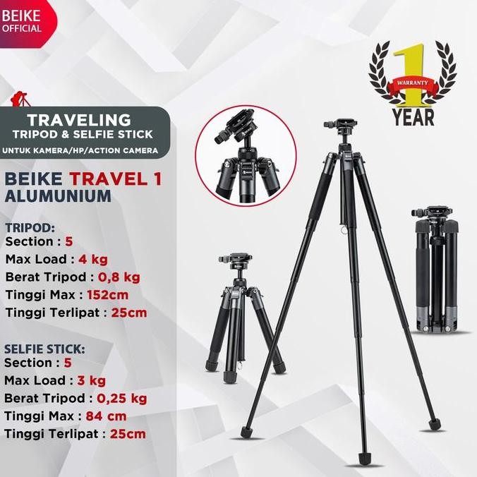 Beike Travel 1 Tripod Selfie Stick Traveling Untuk Kamera / Hp / Action Cam New Stok