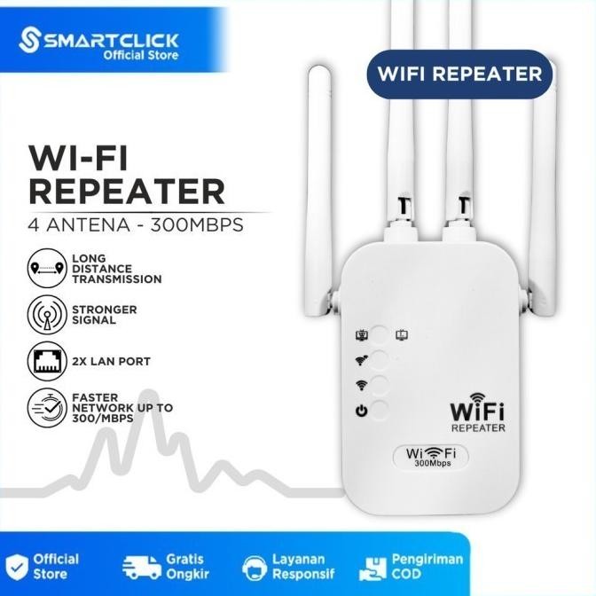 BIG SALE Penguat Sinyal Wifi Extender 300Mbps Jarak Jauh 4 Antena 2 LAN Port Repeater